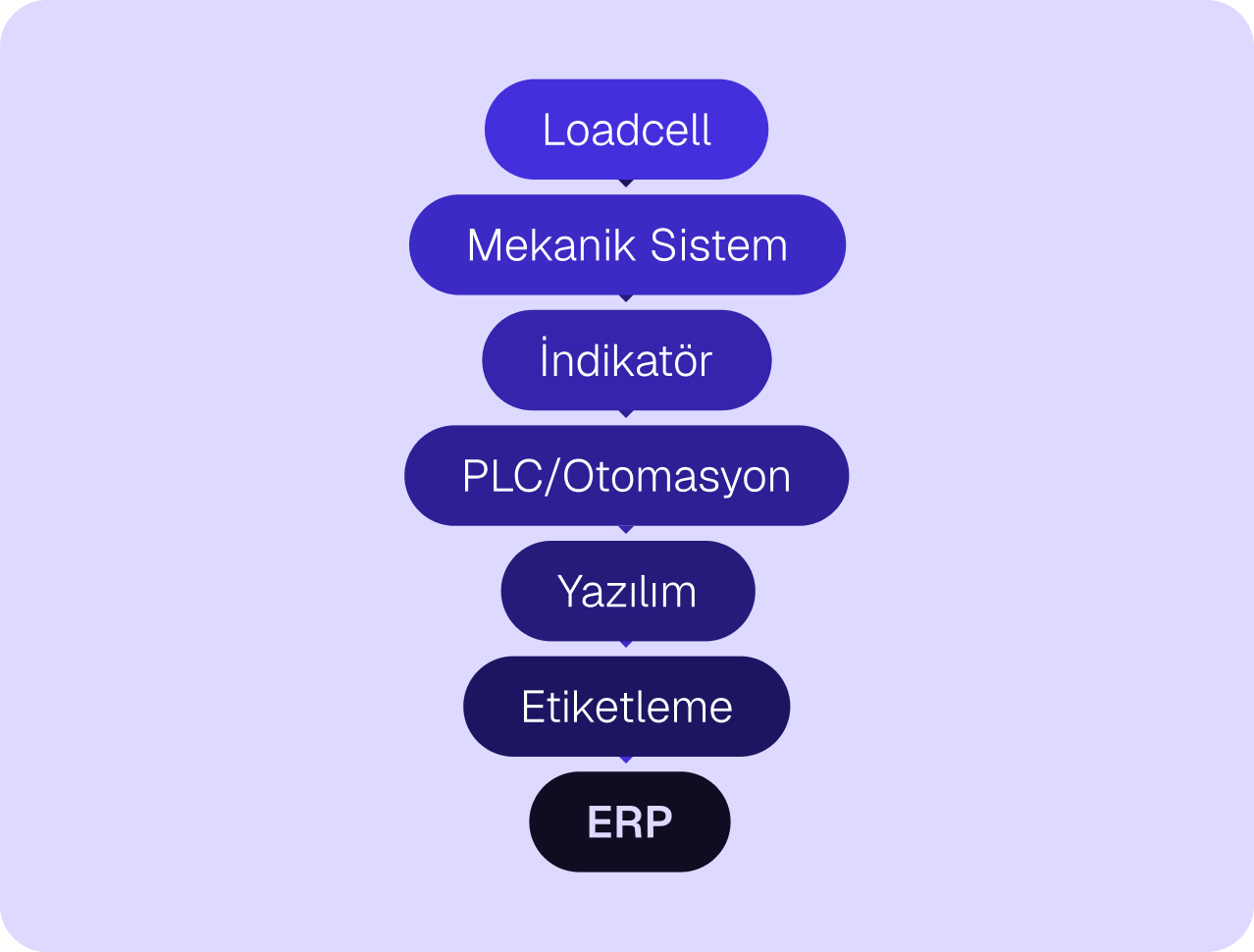 Loadcell, Mekanik Sistem, İndikatör, PLC / Otomasyon, Yazılım, Etiketleme, ERP